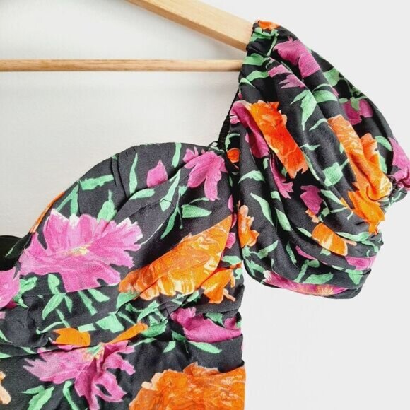 ZARA Off-Shoulder Puff Sleeve Ruched Floral Mini Dress Sz M Flawed - Picture 5 of 16
